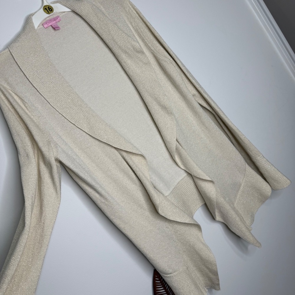 H15 Lilly Pulitzer Abelle Cardigan Gold Metallic Draped Waterfall Open Front XL - Picture 4 of 7